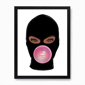 Girl Blowing Bubblegum With Balaclava Mask Art Print Art Print
