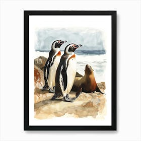 Humboldt Penguin Sea Lion Island Watercolour Painting 1 Art Print