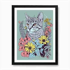 Cute Egyptian Mau Cat With Flowers Illustration 2 Art Print