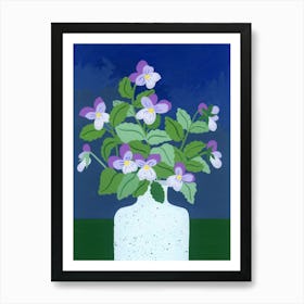 Pansies Blue Vase Gouache Painting Art Print