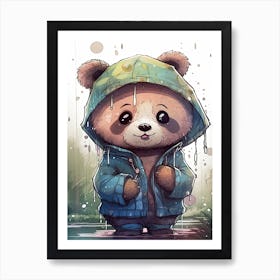 Happy Panda In The Rain Illustration 2watercolour Art Print