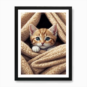 Kitten Peeking Out Of Blanket Art Print