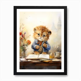 Writing Watercolour Lion Art Painting 1 Art Print