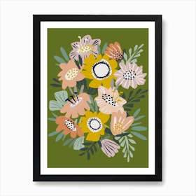 Papercut Flower Bouquet Green Art Print