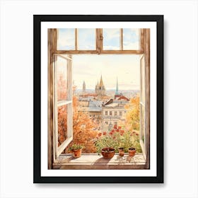 Window View Of Zagreb Croatia In Autumn Fall, Watercolour 1 Art Print