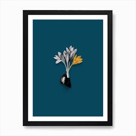 Vintage Autumn Crocus Black and White Gold Leaf Floral Art on Teal Blue n.0989 Art Print