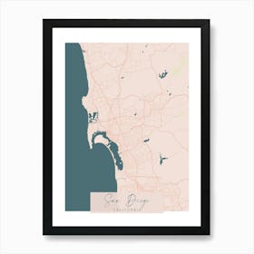 San Diego California Pink and Blue Cute Script Street Map 1 Art Print