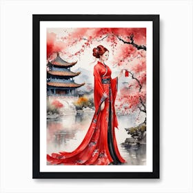 Chinese Woman In Red Dress Art Print