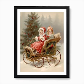 Vintage Christmas Kids on Sleigh Art Print