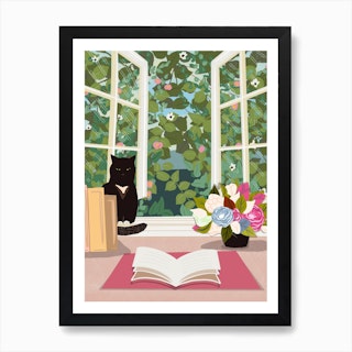 Black Cat And Cottage Window  Art Print