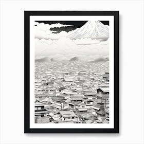 Tokyo In Japan, Ukiyo E Black And White Line Art Drawing 3 Art Print