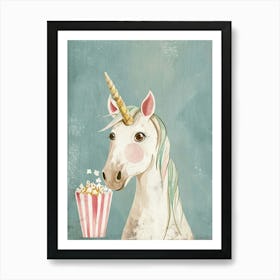 Cute Pastel Unicorn Eating Popcorn Blue Background 4 Art Print