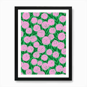 Blooming Abstract Allium Flowers Pink Green Dark Green Art Print