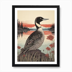 Vintage Bird Linocut Loon 4 Art Print