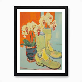 Painting Of Orange Flowers And Cowboy Boots, Oil Style 6 Art Print