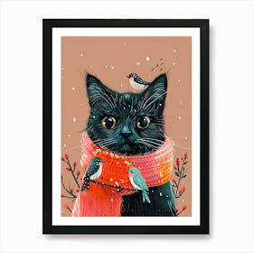 Black Cat With Birds 2 Art Print