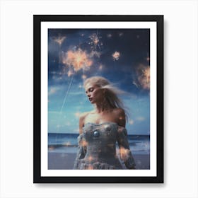 Woman on the beach surrounded by cosmic stardust 4 Art Print