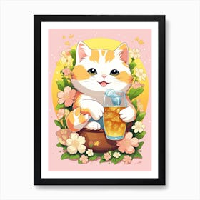 Kawaii Cat Drawings Drinking Tea 4 Art Print