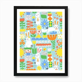 Cute Easter Bunnies and Birds Cut Out Collage Bright Rainbow Kids Art Print