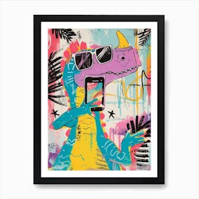 Dinosaur On The Phone Purple Graffiti Style 2 Art Print