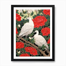 Japanese Tea Camellia And Birds Vintage Japanese Botanical Art Print