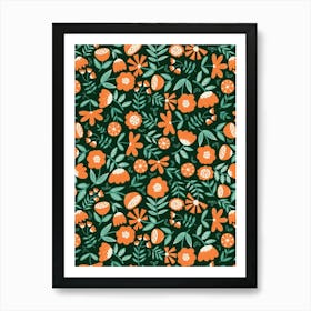 Cute Soft Scattered Scandi Florals Dark Green, Orange, Bright Green Art Print