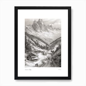 French Alps France Pencil Sketch 7 Watercolour Travel Poster Art Print