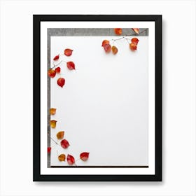 Autumn Leaves Scattered Asymmetrically Across A White Canvas Single Red Berry Placed Off Center Em Art Print