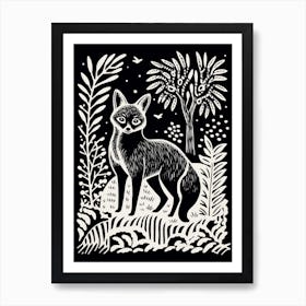 Linocut Fox Illustration Black 7 Art Print