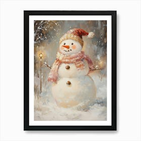 Snowman Wearing Scarf In Snowy Landscape Art Print