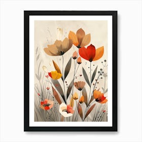 Flowers In Beige, Brown And White Tones, Using Simple Shapes In A Minimalist And Elegant 19 Art Print