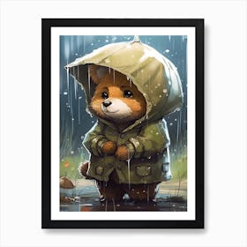 Happy Fox In The Rain Illustration 2watercolour Art Print