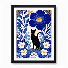 Black Cat With Flowers 10 Art Print