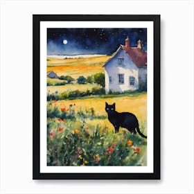 Black Cat at The Farmhouse Flowers Meadow At Night Full Moon Cottage Landscape Traditional Watercolor Art Print Kitty Travels Home and Room Wall Art Cool Decor Klimt and Matisse Inspired Modern Awesome Cool Unique Pagan Witchy Witches Familiar Gift For Cat Lady Animal Lovers World Travelling Genuine Works by British Watercolour Artist Lyra O'Brien  Art Print