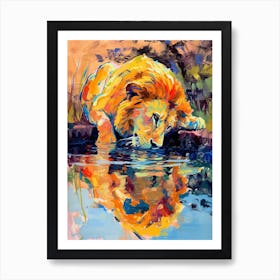 Transvaal Lion Drinking From A Watering Hole Fauvist Painting 3 Art Print