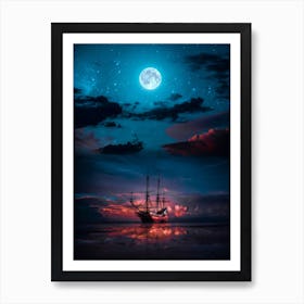 Sparrow Ship Boat And Full Moon Art Print