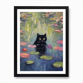Water Lilies And A Black Cat Inspired By Monet 1 Art Print