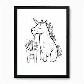 Unicorn Eating Fries Black & White Illustration Art Print