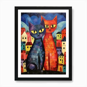 Two Patchwork Cats In Front Of A Medieval Cityscape Art Print