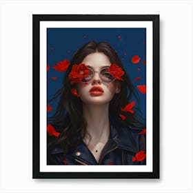 Girl With Red Flowers Art Print