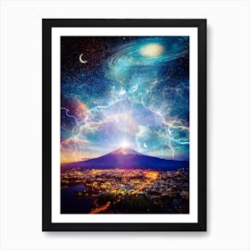 Mount Fuji Space Lightning And Galaxy Art Print