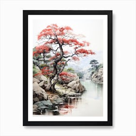 Rikugien Garden In Tokyo, Japanese Brush Painting, Ukiyo E, Minimal 1 Art Print