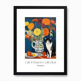 Cats & Flowers Collection Marigold Flower Vase And A Cat, A Painting In The Style Of Matisse 3 Art Print