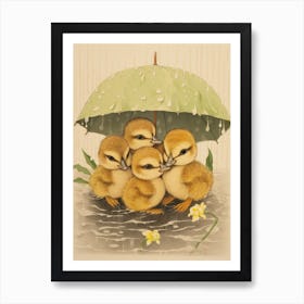 Ducklings In The Rain Japanese Woodblock Style 2 Art Print