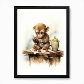 Monkey Painting Playing Chess Watercolour 2 Art Print