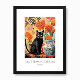 Cats & Flowers Collection Poppy Flower Vase And A Cat, A Painting In The Style Of Matisse 1 Art Print