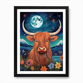 Portrait Of Highland Cow Under The Moon Art Print