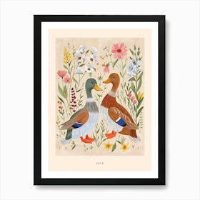 Folksy Floral Animal Drawing Duck 2 Poster Art Print