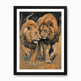 African Lion Relief Illustration Rituals 2 Art Print