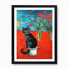 Still Life Of Tulips With A Cat 1 Art Print